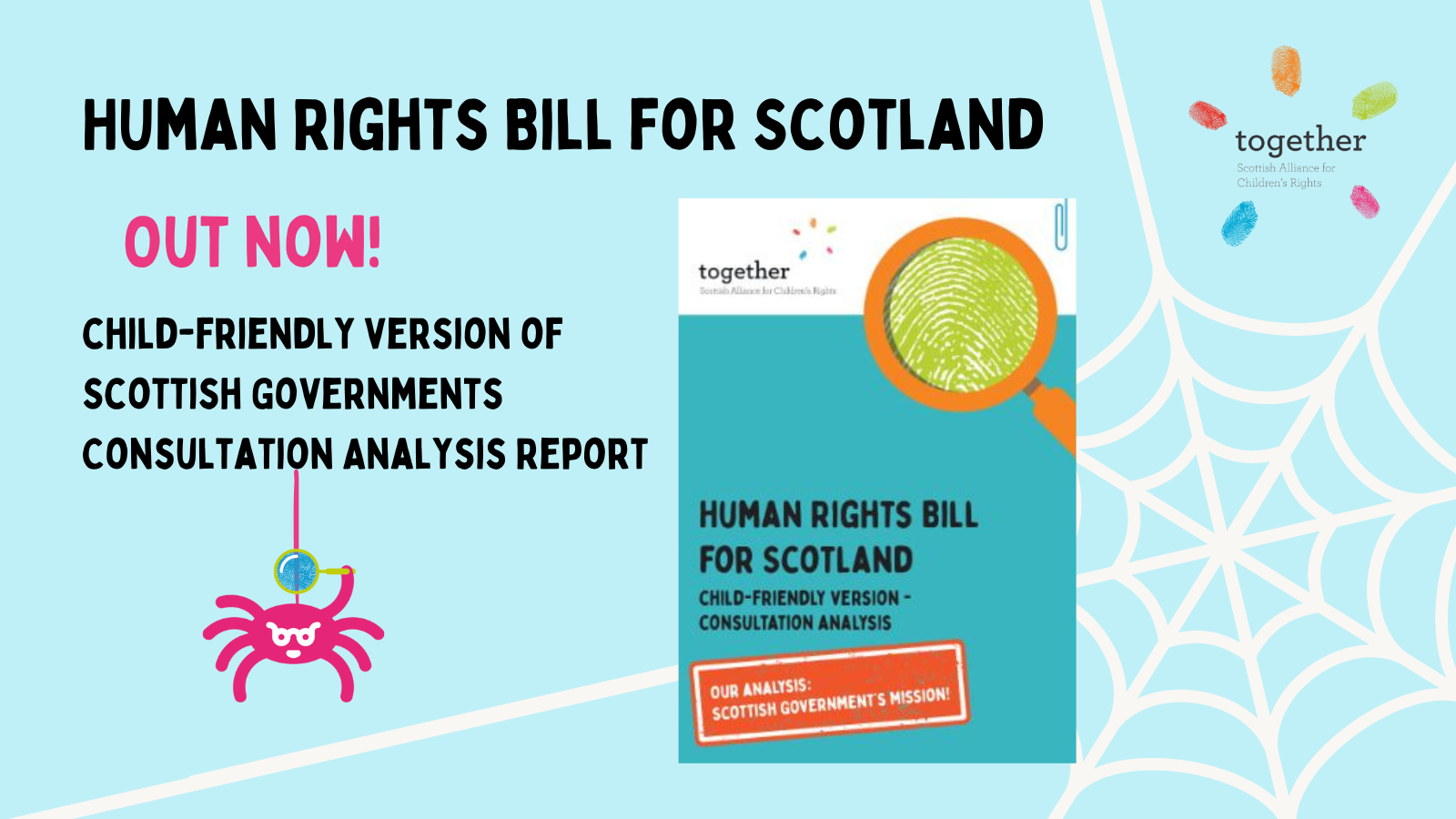 A screenshot of the Consultation, spider with glasses hanging, megaphone with a hand and a spiders web. Graphic.