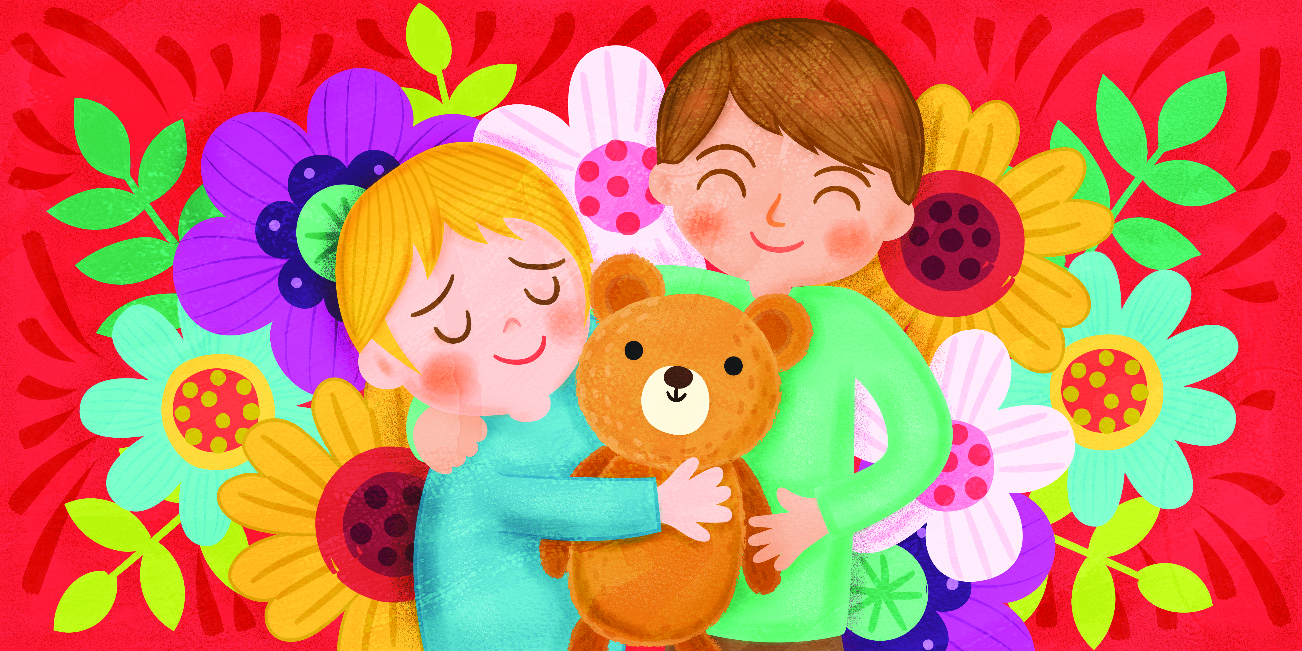 Illustration shows child being comforted with a hug from their carer - and their teddy bear!