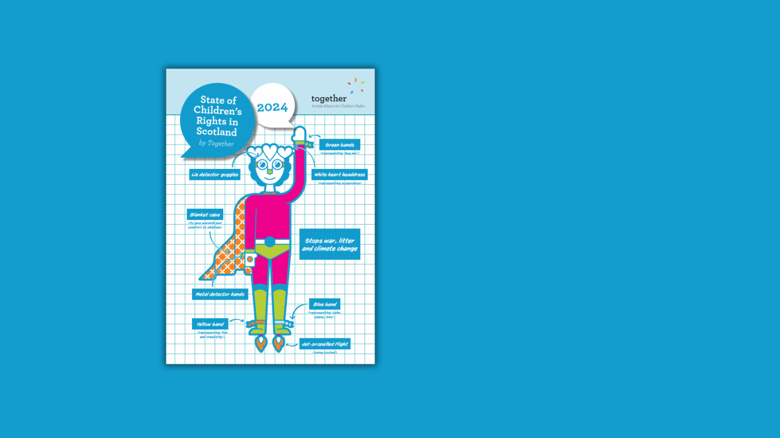 Image shows front cover of the report. The cover is an illustration of a superhero based on children's own designs.