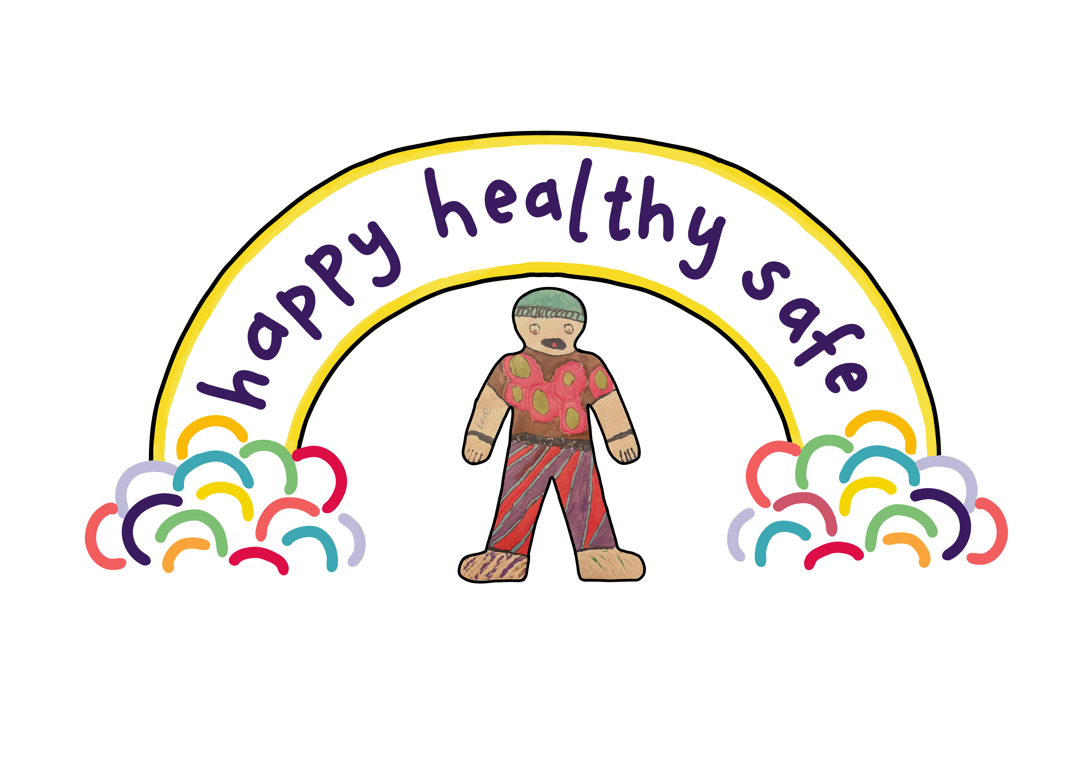 Project logo of a child standing under a rainbow with text that reads 'happy healthy safe'
