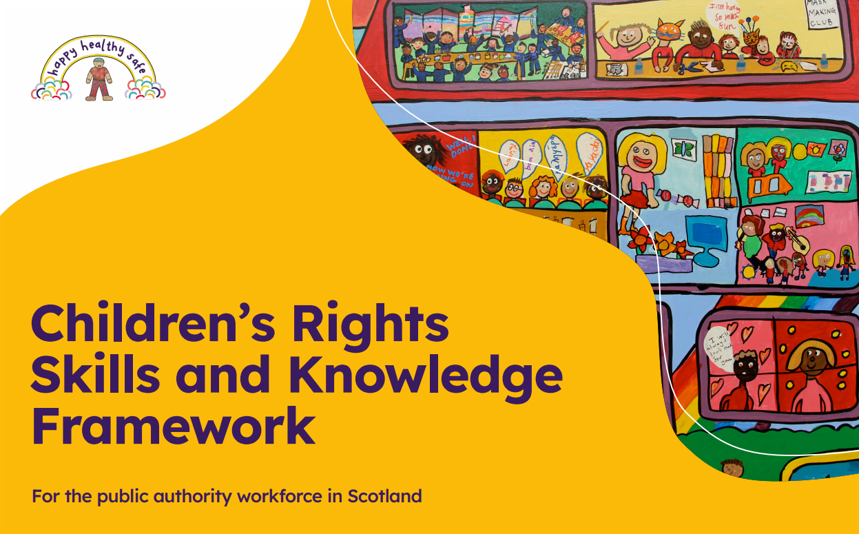 Cover of framework document displaying artwork from children with logo "happy healthy safe"