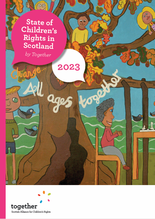 Front cover of Together's 2023 report. It shows a mural painted by children where adults and children are playing chess under a tree. The words "All ages together" are painted in white writing across the tree trunk.