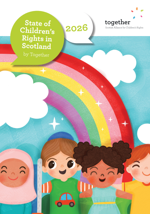 A screenshot of our state of children's rights report front cover. Four young people, two clouds and a rainbow.