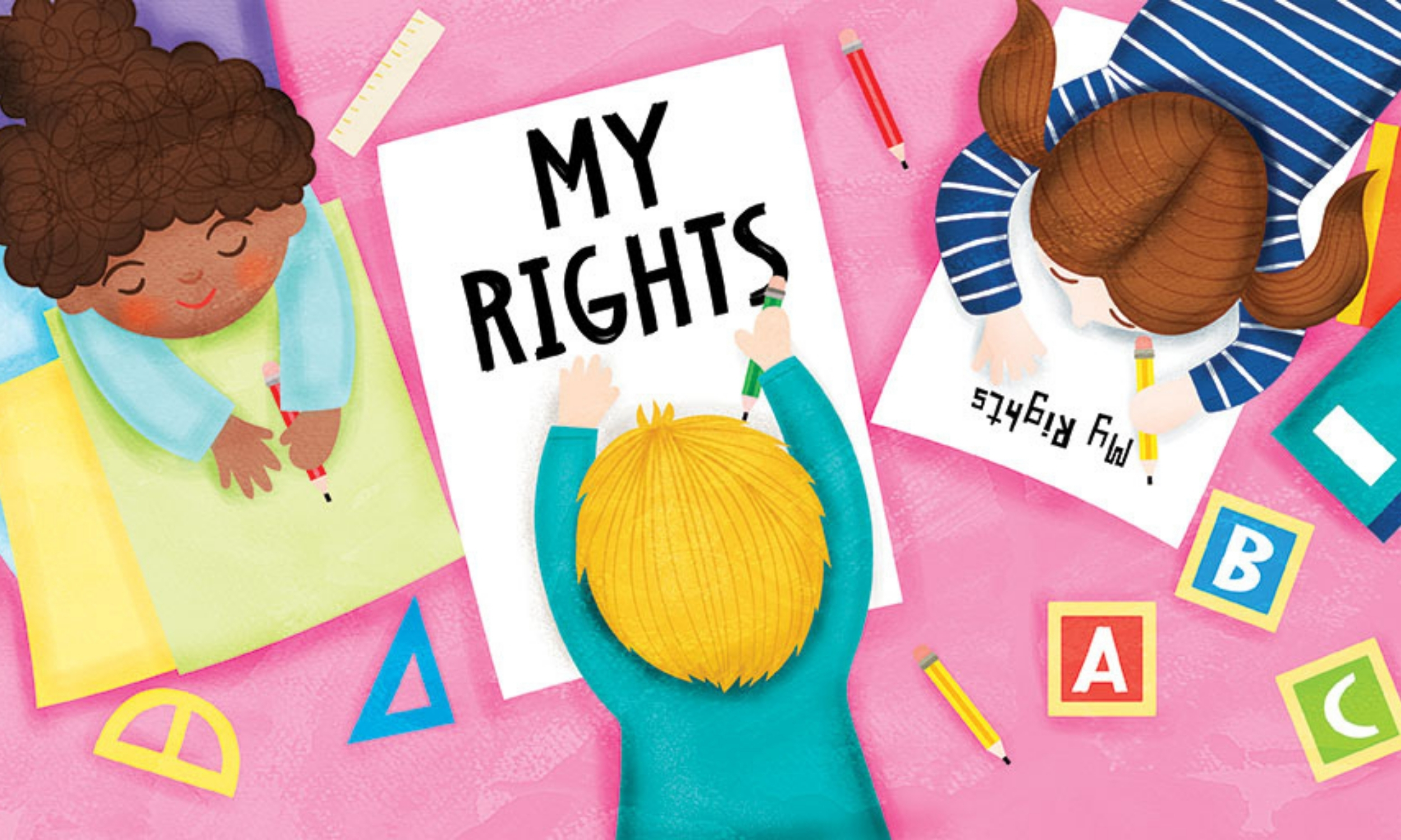 3 Children on the floor with pieces of paper and pencils. Two say "My Rights" there is ABC blogs and stationary surrounding them.