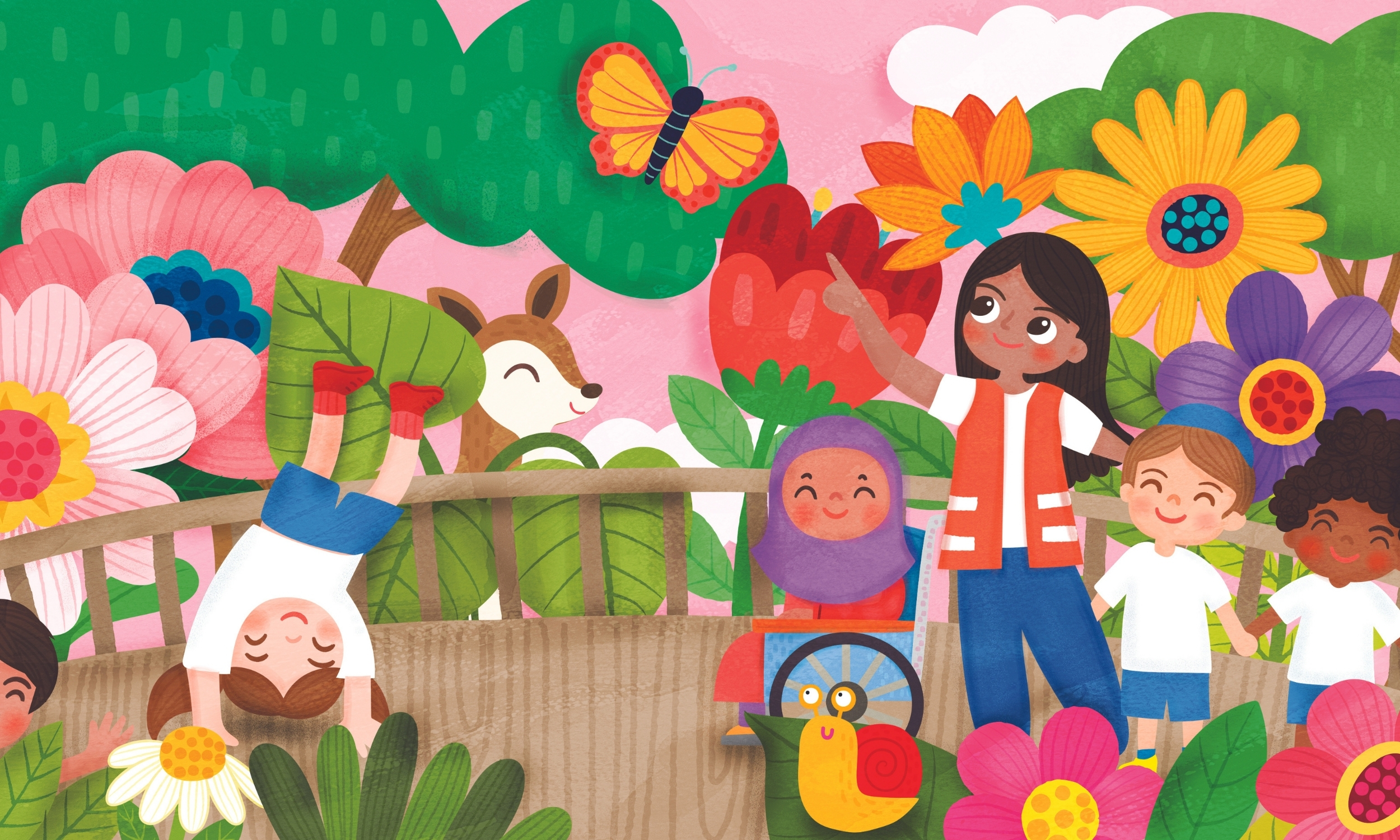 Illustration shows children on a nature walk with their teacher. There are flowers, a deer and butterflies around them.